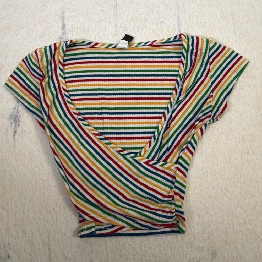Y2K Windsor Rainbow Striped Wrap Top Ribbed Stretch Short Sleeve Small‎